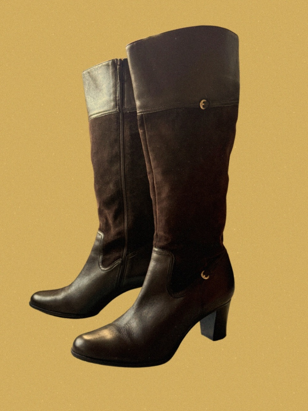 Women's Tall Brown Leather & Suede Block Heel Boots